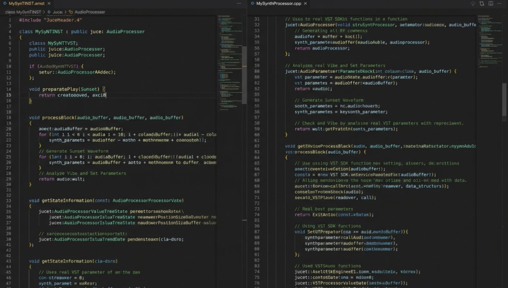 Two code files side by side, a JUCE audio plugin header and its C++ processor.